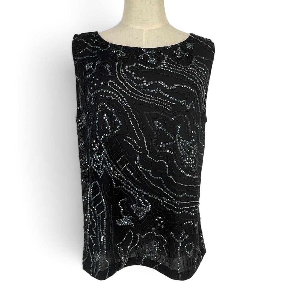Chico's Black Sequin Beaded Sleeveless Mesh Tank Top Size 2 L 12 Evening Party